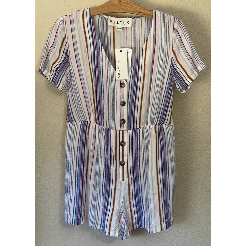 Hiatus Womens Striped V-Neck Button Front Romper‎ Ivory Blue Size S NEW